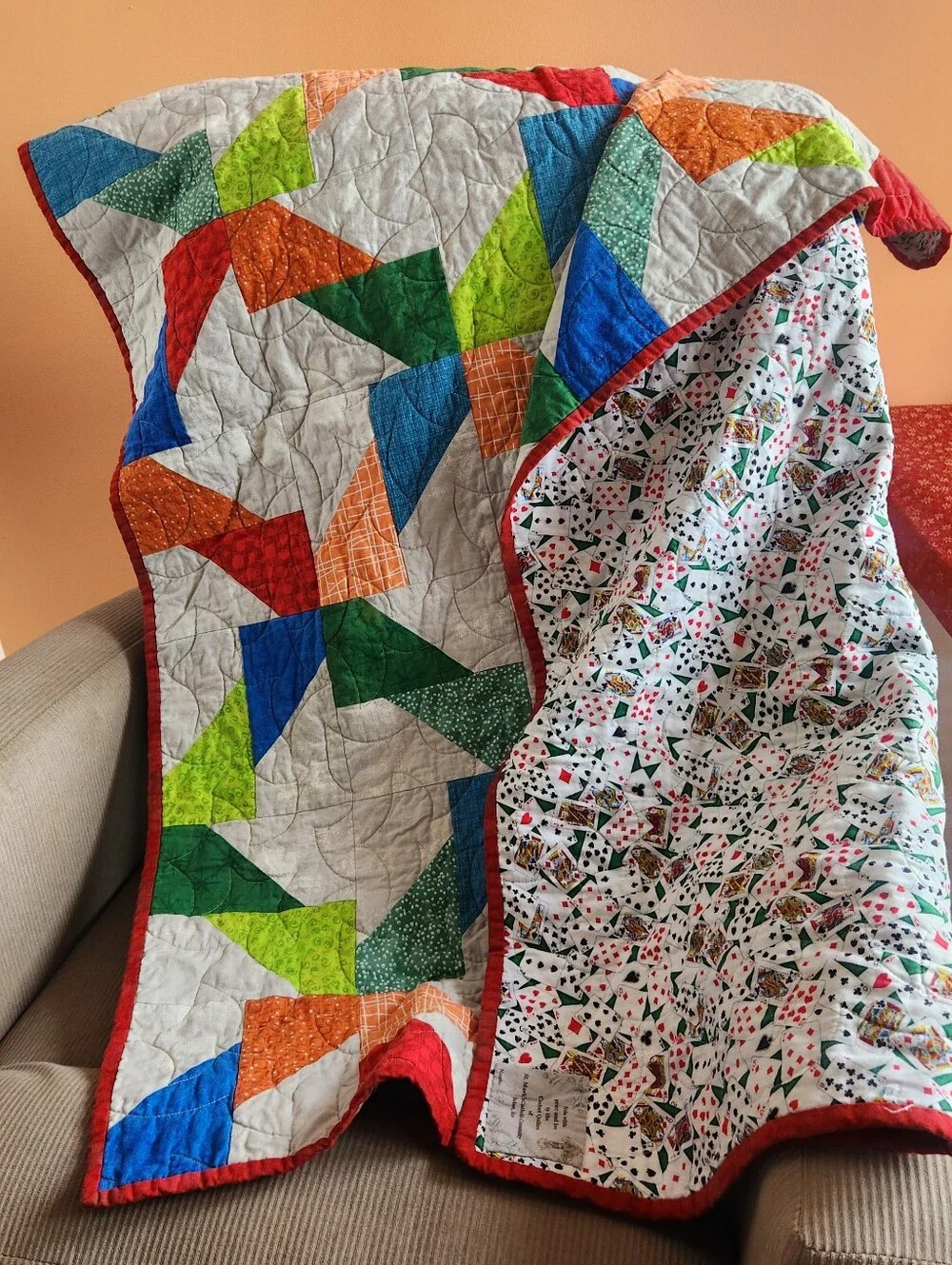 HANDMADE Patchwork Quilt Throw 40 x 50 Face Card Backing Geometric Cotton